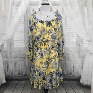 Tommy Hilfiger Large Dress Yellow Blue Floral Crinkle Chiffon Off-the-Shoulder